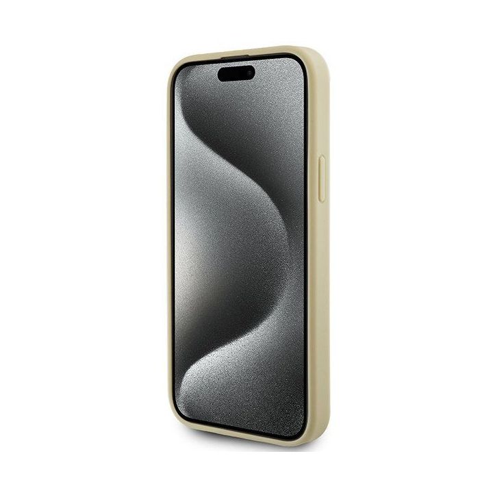 Guess odinis 4G metalinis dėklas su logotipu Strass iPhone 15 - auksinis