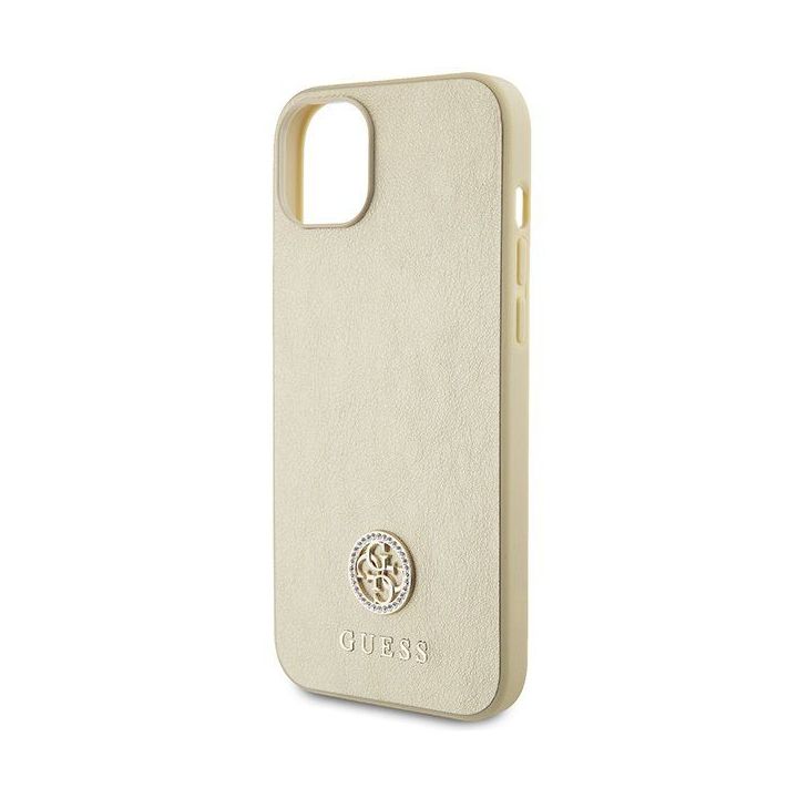 Guess odinis 4G metalinis dėklas su logotipu Strass iPhone 15 - auksinis