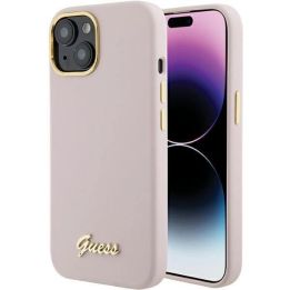 Guess silikoninis korpusas su metaliniu logotipu ir rėmeliu iPhone 15 - rožinis