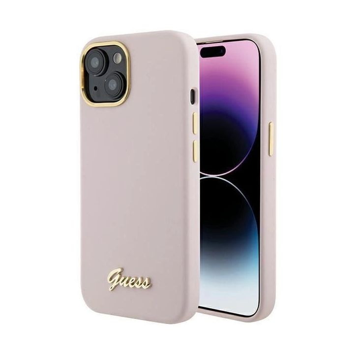 Guess silikoninis korpusas su metaliniu logotipu ir rėmeliu iPhone 15 - rožinis