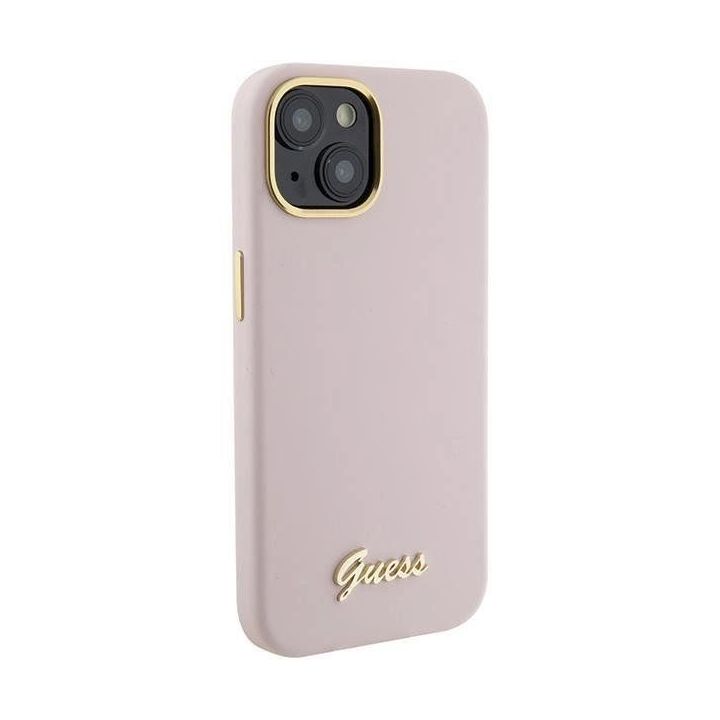 Guess silikoninis korpusas su metaliniu logotipu ir rėmeliu iPhone 15 - rožinis