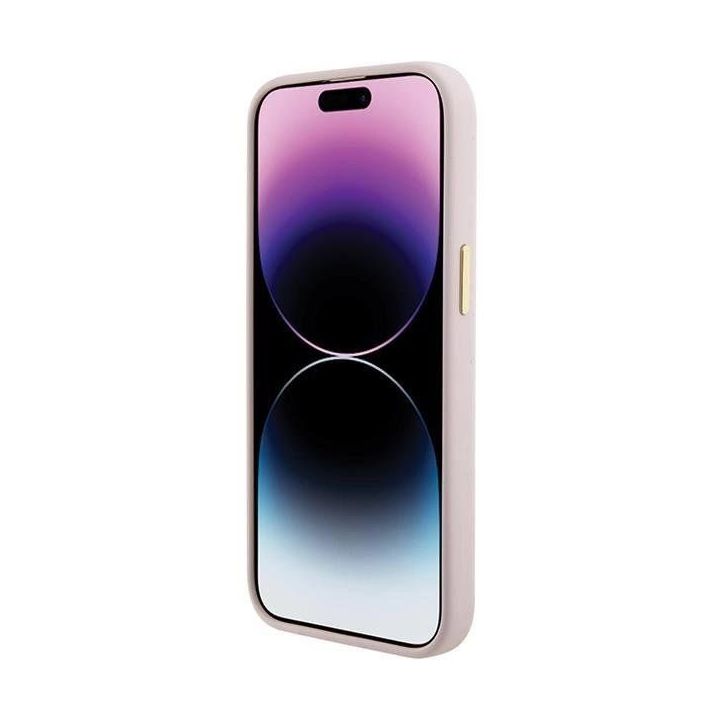 Guess silikoninis korpusas su metaliniu logotipu ir rėmeliu iPhone 15 - rožinis