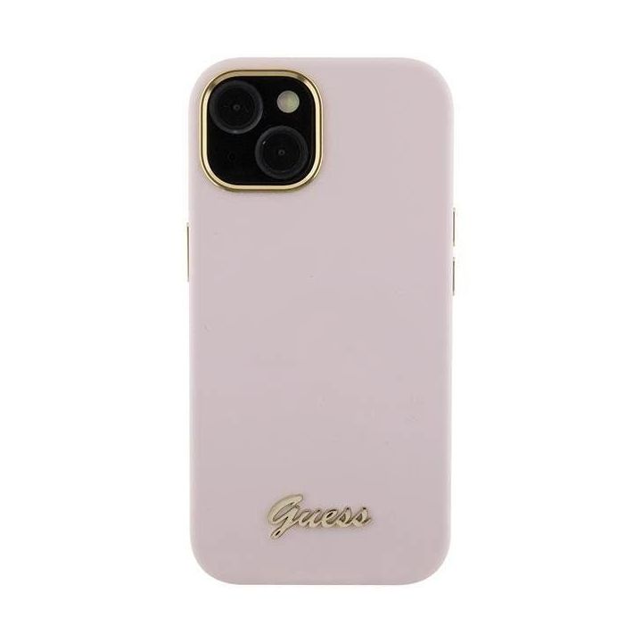 Guess silikoninis korpusas su metaliniu logotipu ir rėmeliu iPhone 15 - rožinis