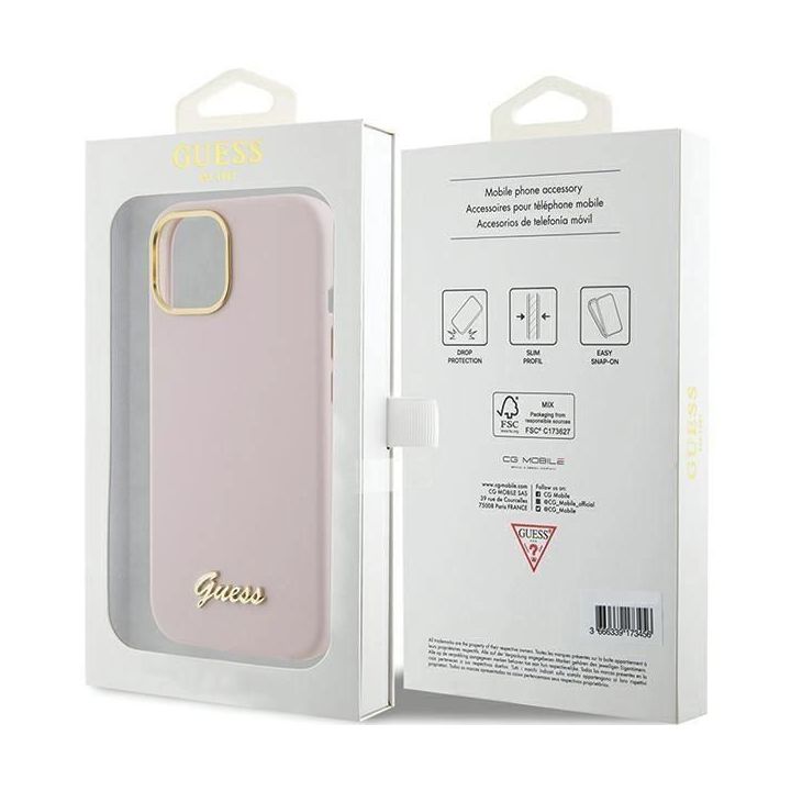 Guess silikoninis korpusas su metaliniu logotipu ir rėmeliu iPhone 15 - rožinis