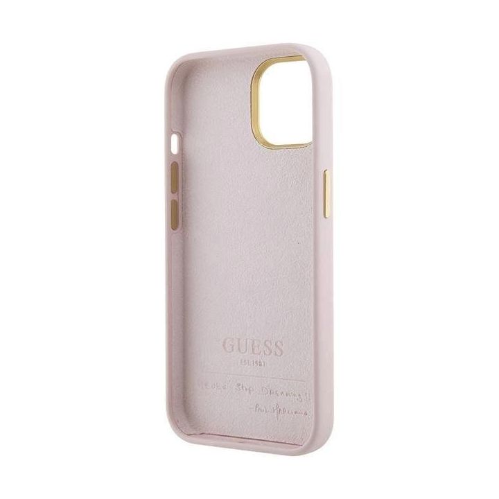 Guess silikoninis korpusas su metaliniu logotipu ir rėmeliu iPhone 15 - rožinis