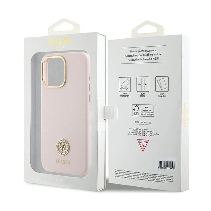 Guess silikoninis dėklas su logotipu Strass 4G , skirtas iPhone 15 Pro Max - rožinis