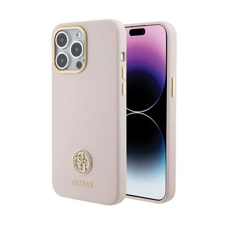 Guess silikoninis dėklas su logotipu Strass 4G , skirtas iPhone 15 Pro Max - rožinis