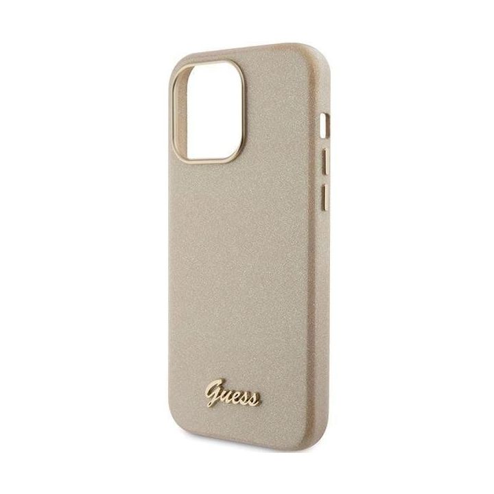 Guess blizgantis blizgus dėklas su užrašu iPhone 15 Pro Max - Auksinis