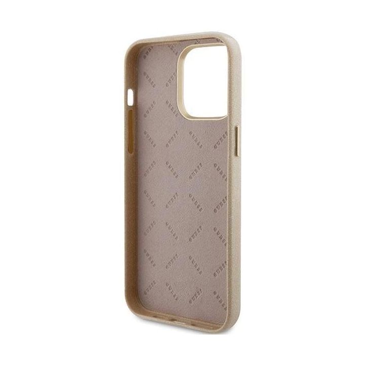 Guess blizgantis blizgus dėklas su užrašu iPhone 15 Pro Max - Auksinis