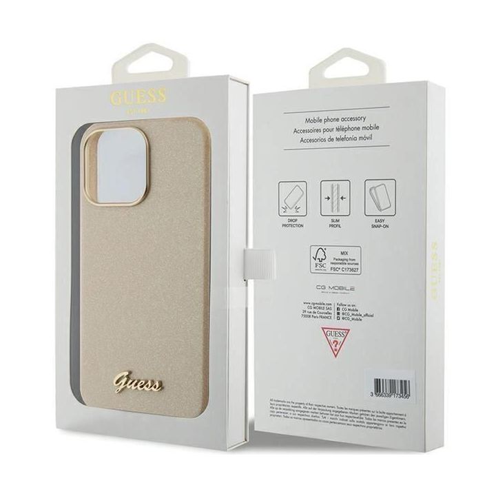 Guess blizgantis blizgus dėklas su užrašu iPhone 15 Pro Max - Auksinis