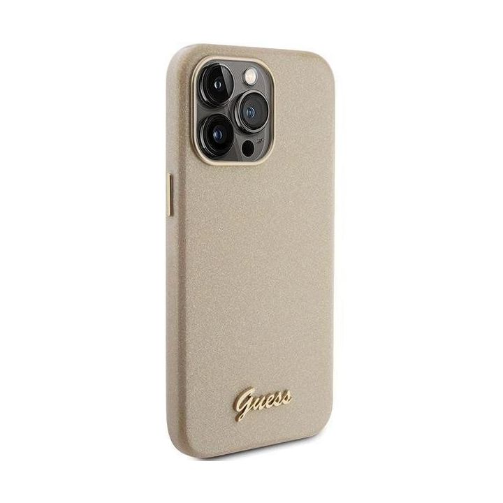 Guess blizgantis blizgus dėklas su užrašu iPhone 15 Pro Max - Auksinis