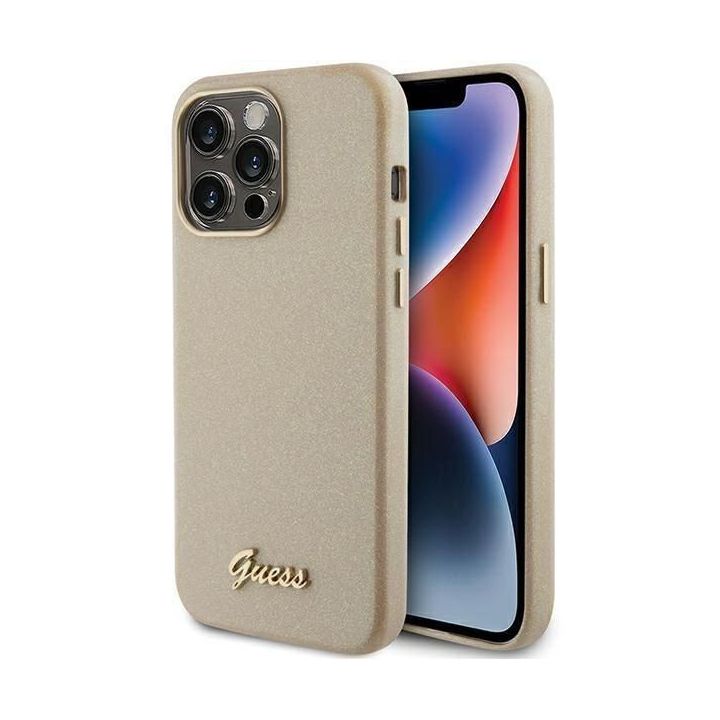 Guess blizgantis blizgus dėklas su užrašu iPhone 15 Pro Max - Auksinis