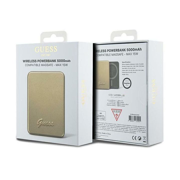 Guess MagSafe Metal Script Logo 15W 5000mAh indukcinis powerbankas - auksinis