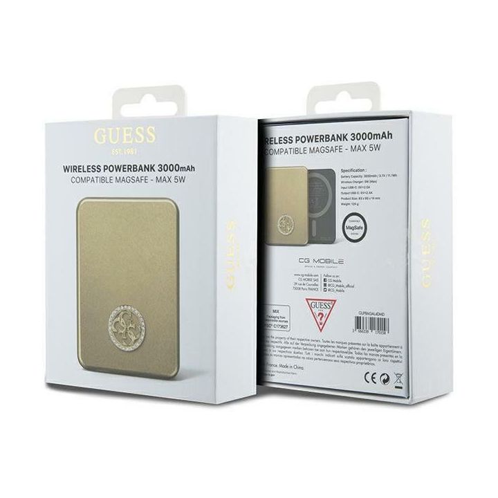 Guess MagSafe 4G Strassed Metal Logo 5W 3000mAh indukcinis maitinimo šaltinis - auksinis