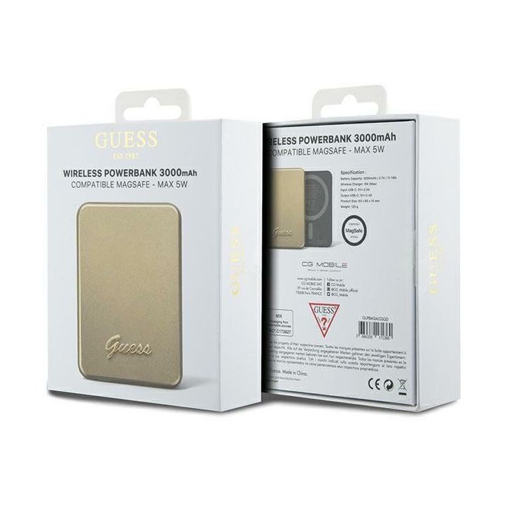 Guess MagSafe Metal Script Logo 5W 3000mAh indukcinis maitinimo šaltinis - auksinis