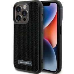 Karl Lagerfeld metalinis dėklas su iPhone 15 Pro logotipu su akmenimis - juodas