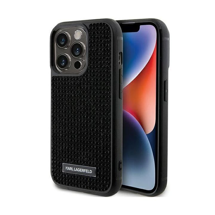 Karl Lagerfeld metalinis dėklas su iPhone 15 Pro logotipu su akmenimis - juodas