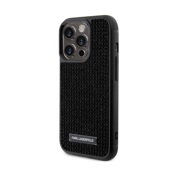 Karl Lagerfeld metalinis dėklas su iPhone 15 Pro logotipu su akmenimis - juodas