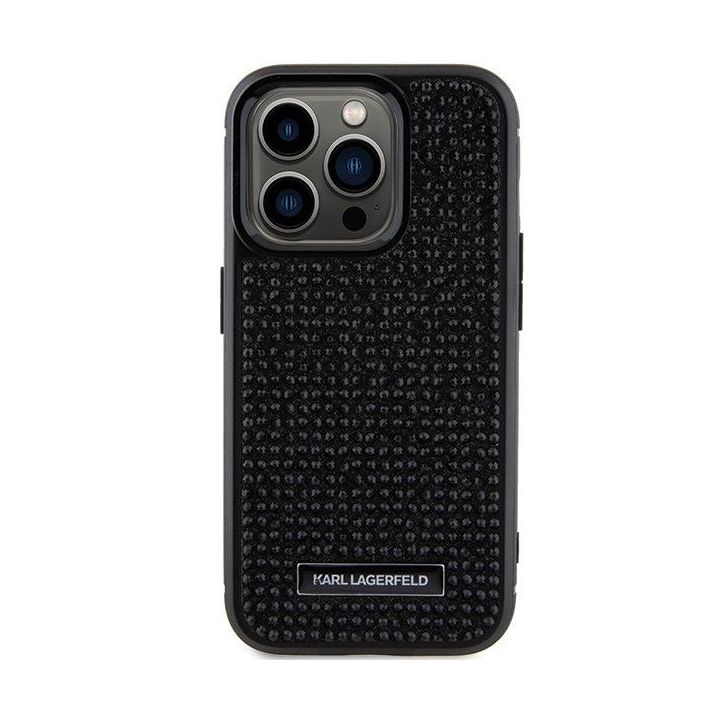 Karl Lagerfeld metalinis dėklas su iPhone 15 Pro logotipu su akmenimis - juodas