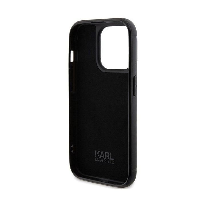 Karl Lagerfeld metalinis dėklas su iPhone 15 Pro logotipu su akmenimis - juodas