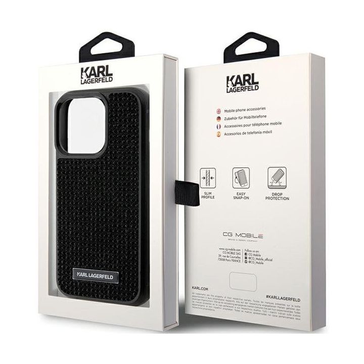 Karl Lagerfeld metalinis dėklas su iPhone 15 Pro logotipu su akmenimis - juodas