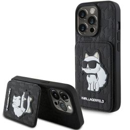 Karl Lagerfeld Saffiano Cardslots and Stand Monogram Choupette dėklas iPhone 15 Pro - juodas