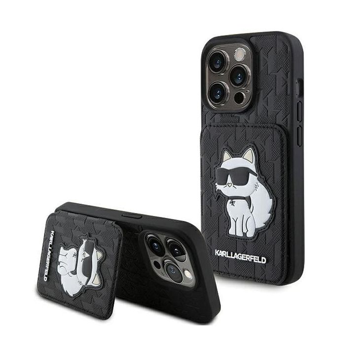 Karl Lagerfeld Saffiano Cardslots and Stand Monogram Choupette dėklas iPhone 15 Pro - juodas