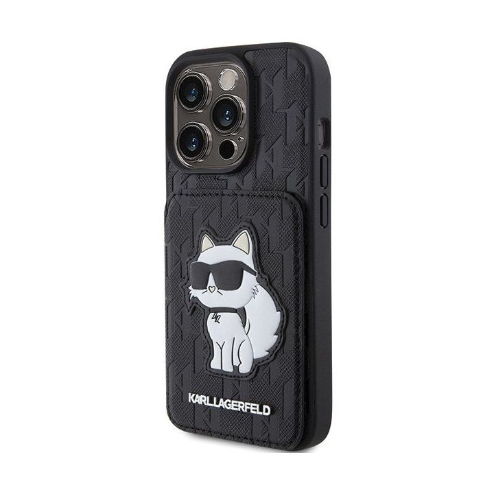 Karl Lagerfeld Saffiano Cardslots and Stand Monogram Choupette dėklas iPhone 15 Pro - juodas