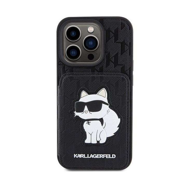 Karl Lagerfeld Saffiano Cardslots and Stand Monogram Choupette dėklas iPhone 15 Pro - juodas