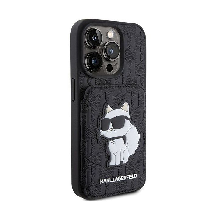 Karl Lagerfeld Saffiano Cardslots and Stand Monogram Choupette dėklas iPhone 15 Pro - juodas