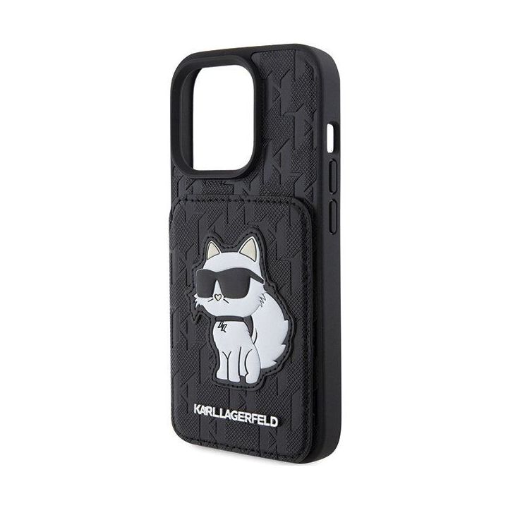 Karl Lagerfeld Saffiano Cardslots and Stand Monogram Choupette dėklas iPhone 15 Pro - juodas