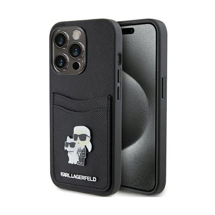Karl Lagerfeld Saffiano Cardslot Karl&Choupette Metal Pin dėklas iPhone 15 Pro“ – juodas