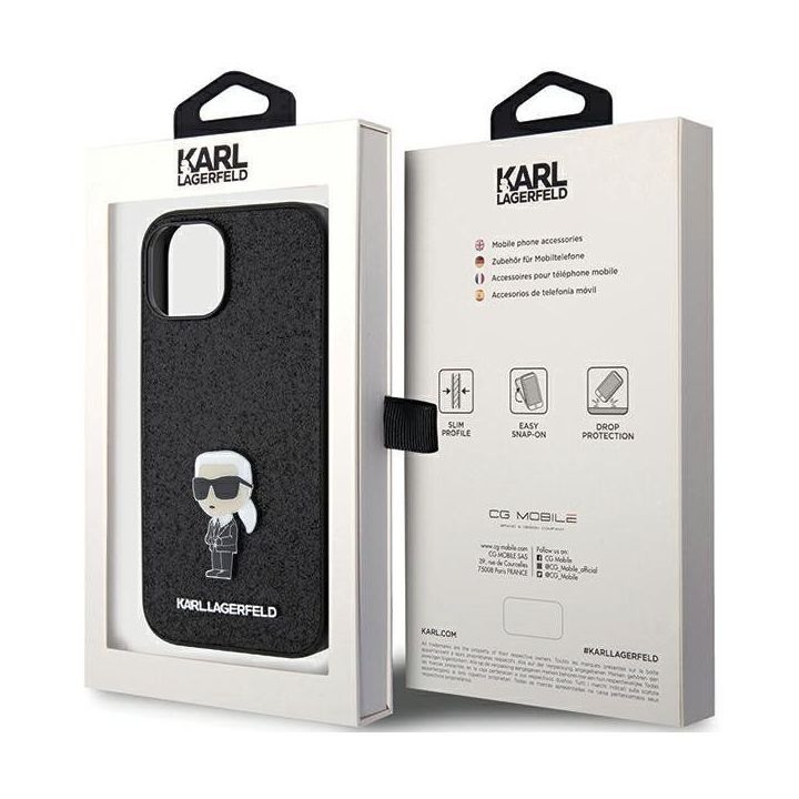 Karl Lagerfeld Fixed Glitter Iconic Logo metalinis dėklas iPhone 15 - juodas