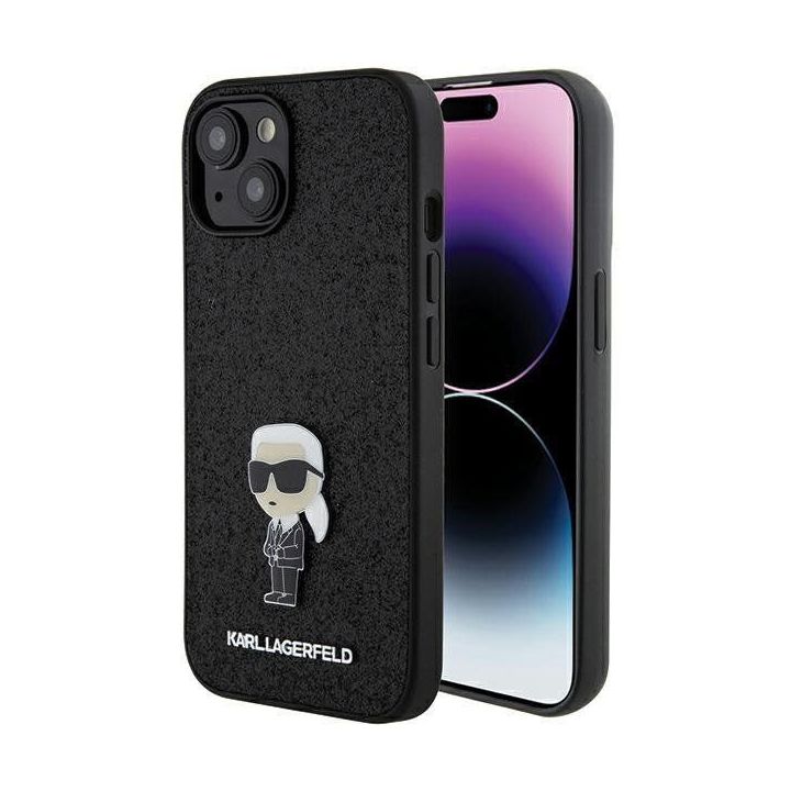 Karl Lagerfeld Fixed Glitter Iconic Logo metalinis dėklas iPhone 15 - juodas