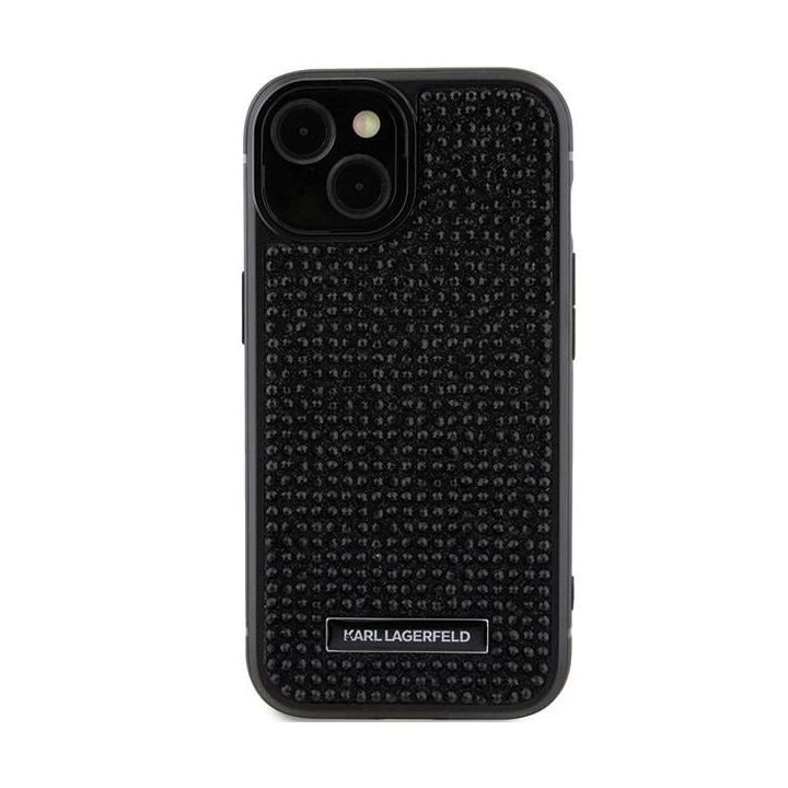 Karl Lagerfeld Rhinestone Logo Metal Plate dėklas iPhone 15 - juodas