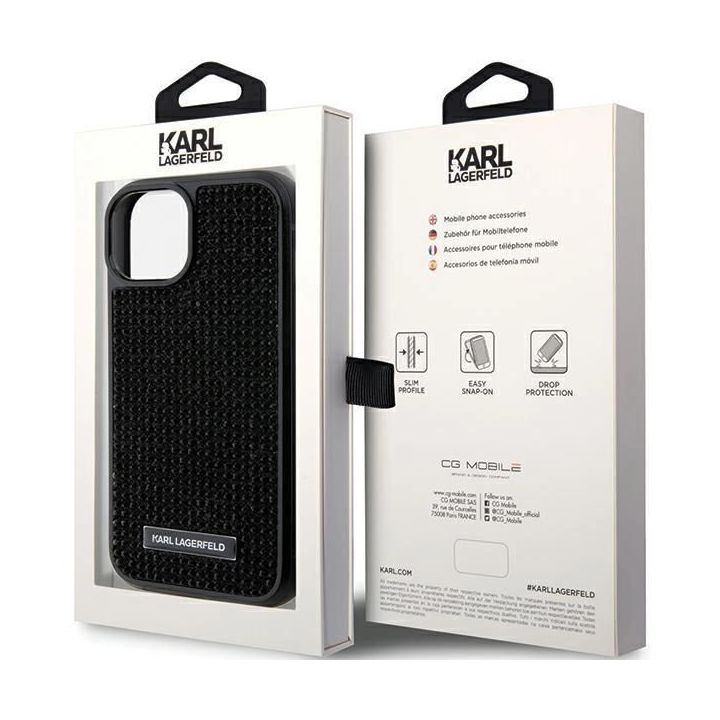 Karl Lagerfeld Rhinestone Logo Metal Plate dėklas iPhone 15 - juodas
