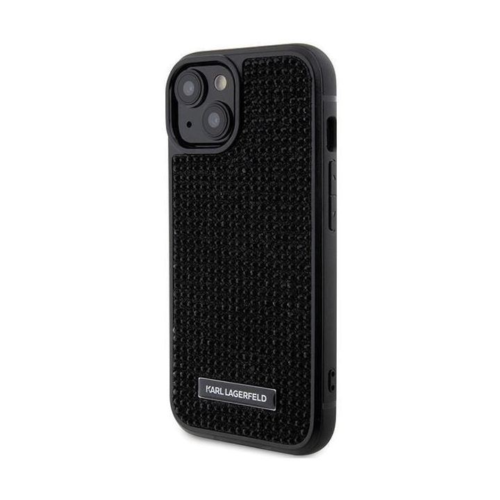 Karl Lagerfeld Rhinestone Logo Metal Plate dėklas iPhone 15 - juodas