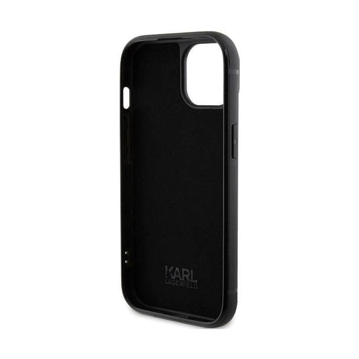 Karl Lagerfeld Rhinestone Logo Metal Plate dėklas iPhone 15 - juodas