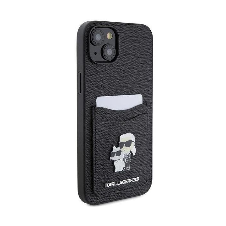 Karl Lagerfeld Saffiano Cardslot Karl&Choupette Metal Pin dėklas iPhone 15 - juodas