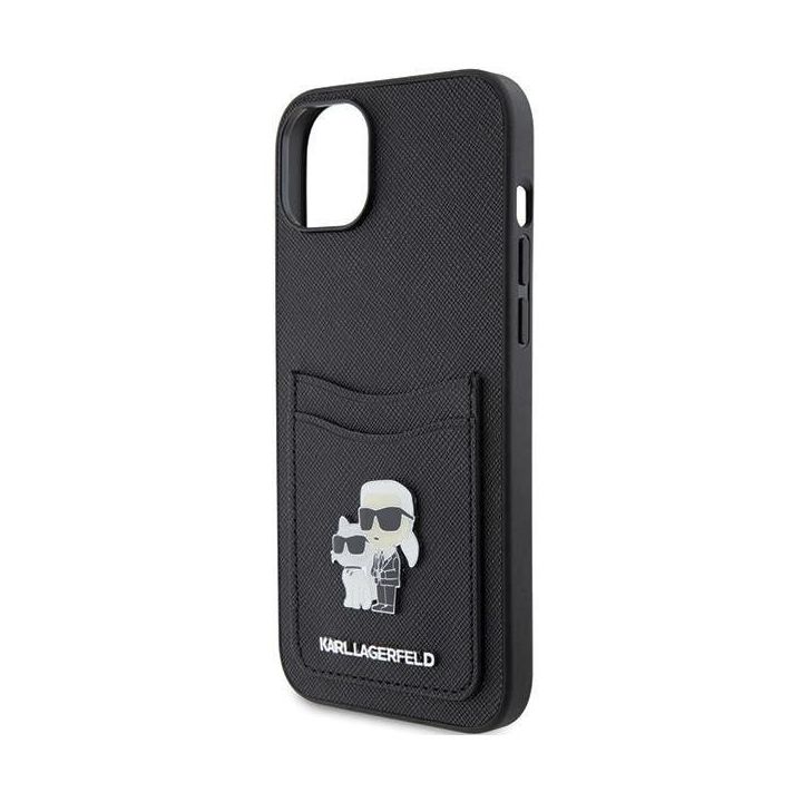 Karl Lagerfeld Saffiano Cardslot Karl&Choupette Metal Pin dėklas iPhone 15 - juodas