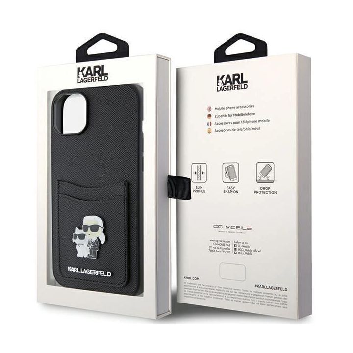 Karl Lagerfeld Saffiano Cardslot Karl&Choupette Metal Pin dėklas iPhone 15 - juodas