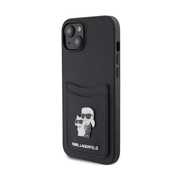 Karl Lagerfeld Saffiano Cardslot Karl&Choupette Metal Pin dėklas iPhone 15 - juodas