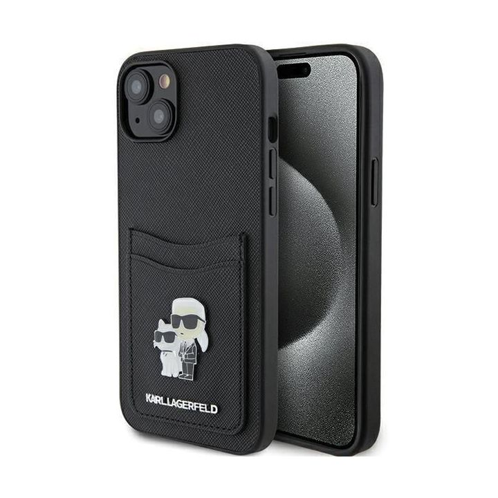 Karl Lagerfeld Saffiano Cardslot Karl&Choupette Metal Pin dėklas iPhone 15 - juodas