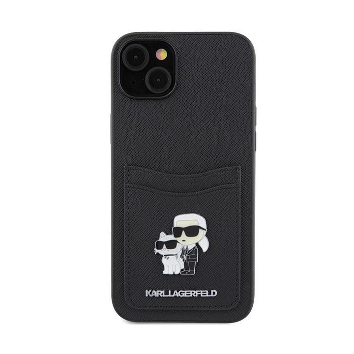 Karl Lagerfeld Saffiano Cardslot Karl&Choupette Metal Pin dėklas iPhone 15 - juodas