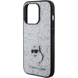 Karl Lagerfeld fiksuotas blizgučių Choupette logotipo metalinis smeigtukas iPhone 15 Pro Max dėklas - sidabrinis