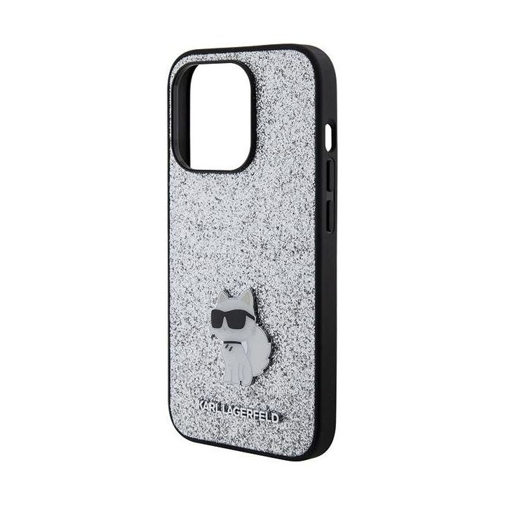 Karl Lagerfeld fiksuotas blizgučių Choupette logotipo metalinis smeigtukas iPhone 15 Pro Max dėklas - sidabrinis