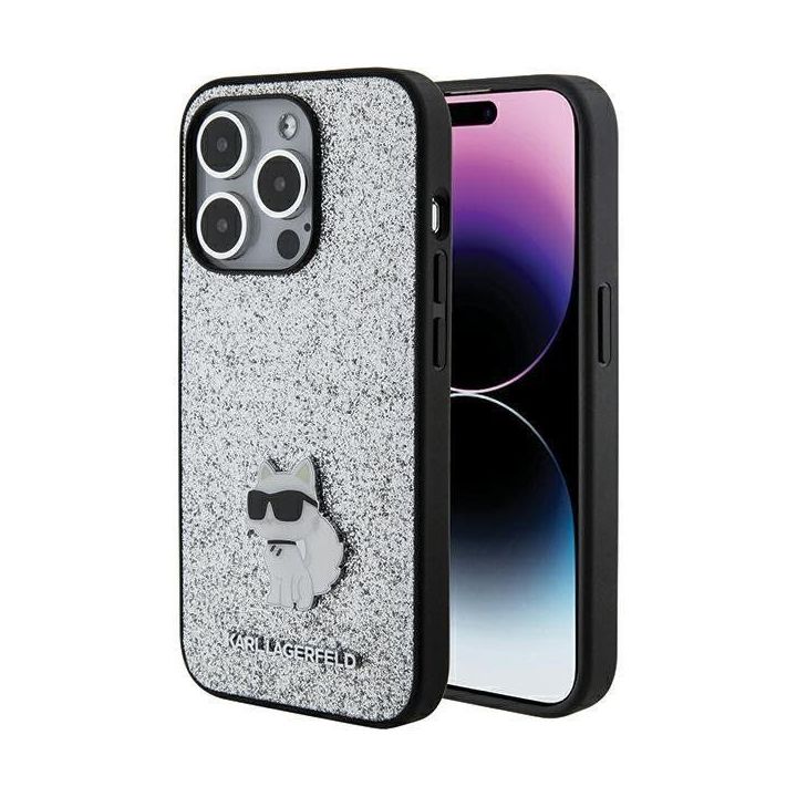 Karl Lagerfeld fiksuotas blizgučių Choupette logotipo metalinis smeigtukas iPhone 15 Pro Max dėklas - sidabrinis