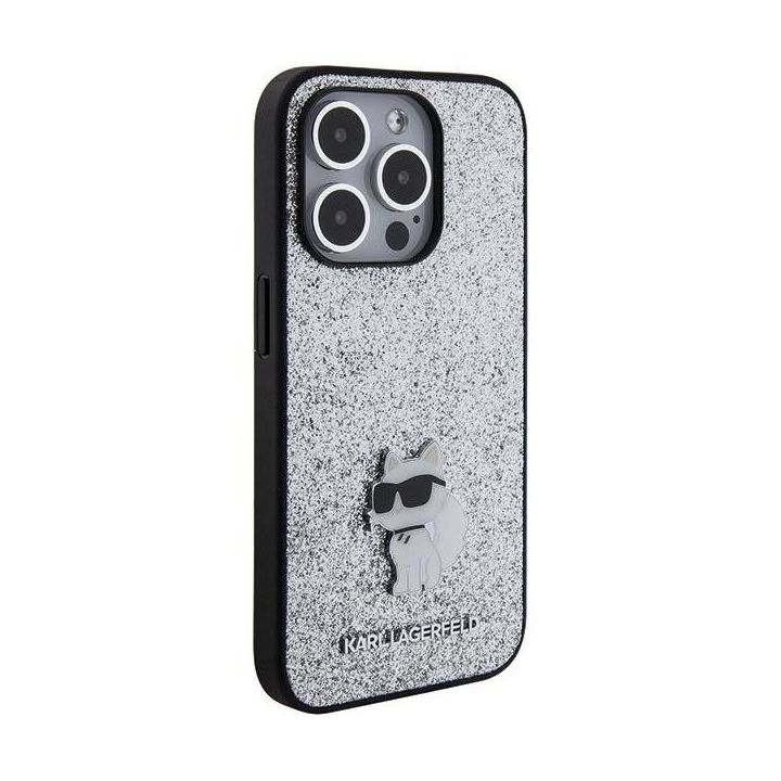 Karl Lagerfeld fiksuotas blizgučių Choupette logotipo metalinis smeigtukas iPhone 15 Pro Max dėklas - sidabrinis