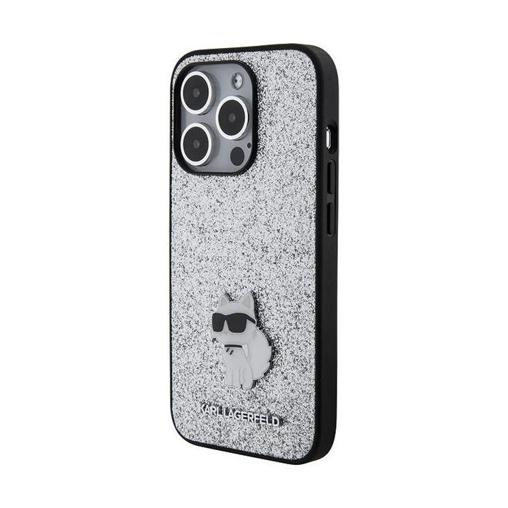 Karl Lagerfeld fiksuotas blizgučių Choupette logotipo metalinis smeigtukas iPhone 15 Pro Max dėklas - sidabrinis