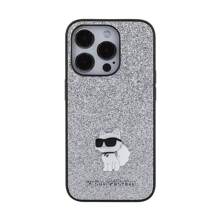 Karl Lagerfeld fiksuotas blizgučių Choupette logotipo metalinis smeigtukas iPhone 15 Pro Max dėklas - sidabrinis